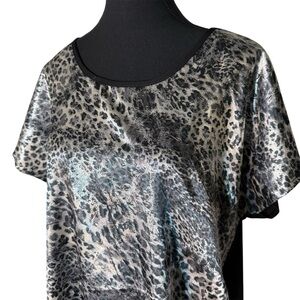 VAMP Metallic Leopard Print Cap Sleeve Oversized Top Blouse Silver Black Size XL